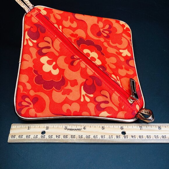 Vintage 70s Orange Flower Power Pyramid Cosmetic Bag, Travel Toiletry Pouch - Picture 12 of 13